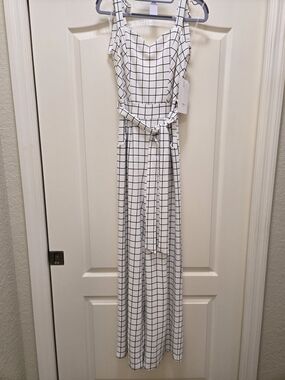 Honey and Rosie White Grid-Print Sleeveless Belted Jumpsuit